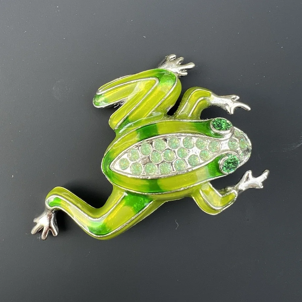 Tree Frog Brooch Green Enamel Rhinestone Vintage Amphibian Animal Pin
